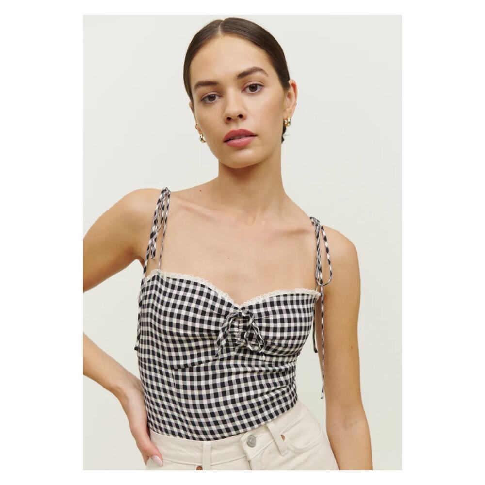 Reformation Black&White Gingham Checked Larry Smocked Cami Top Sz.10 NWT
